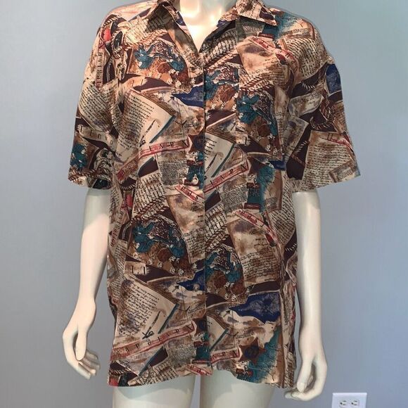 Vintage Silk Jack McQueen Abstract Short Sleeve Button Down Shirt Size Medium - Picture 1 of 16